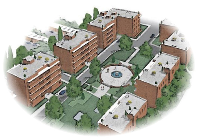 Dorchester Court picture from the original sales brochure, with parasols and sunbathers on the communal roof spaces